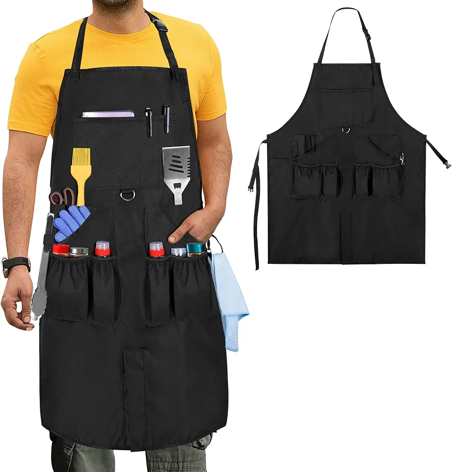 Large BBQ Grilling Apron, Cooking Apron for Men with Pockets & Slit Hem, Kitchen Apron with Adjustable Neck Strap for Men & Women, Work Apron for Chef, Barber, Painter, Carpenter, Apron Only