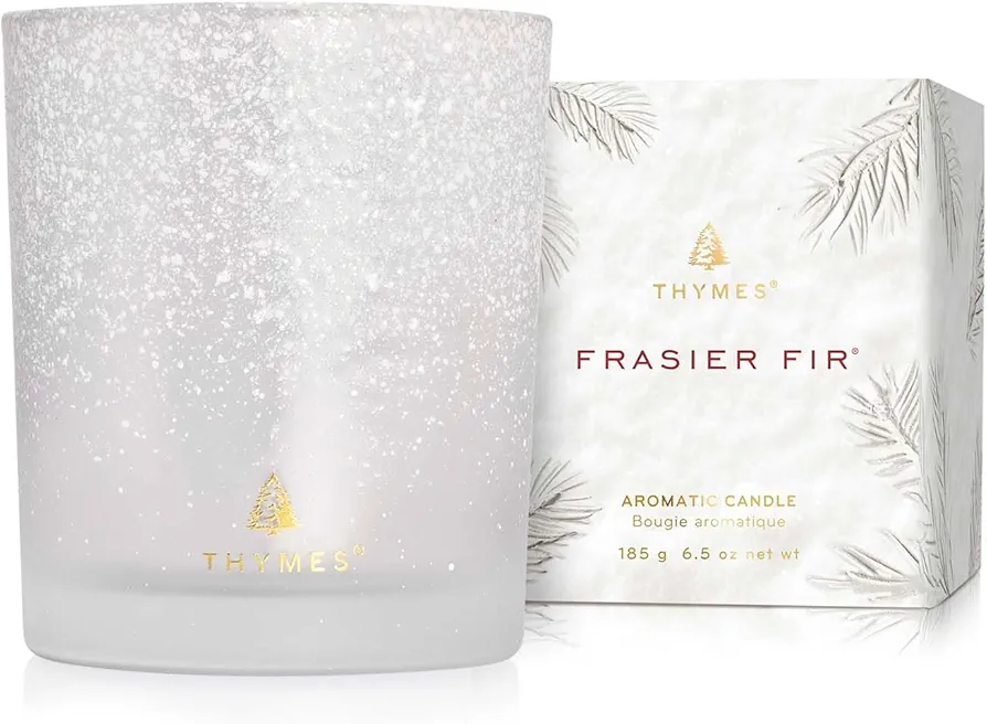 Thymes Frasier Fir Flocked Jar Candles – Scented Candles for Home with Notes of Siberian Fir, Cedarwood & Sandalwood – Holiday Candles for Christmas Decor – White Candles (Poured Candles, 6.5 oz)