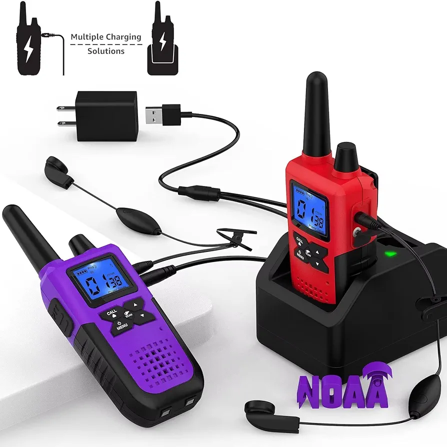 2 Long Range Walkie Talkies for Adults Rechargeable - Long-Distance 2 Way Radios Walkie Talkies,VOX Work 2way Walkie-Talkies with Earpiece and Mic Set Charging Station USB Cable NOAA Weather Radio