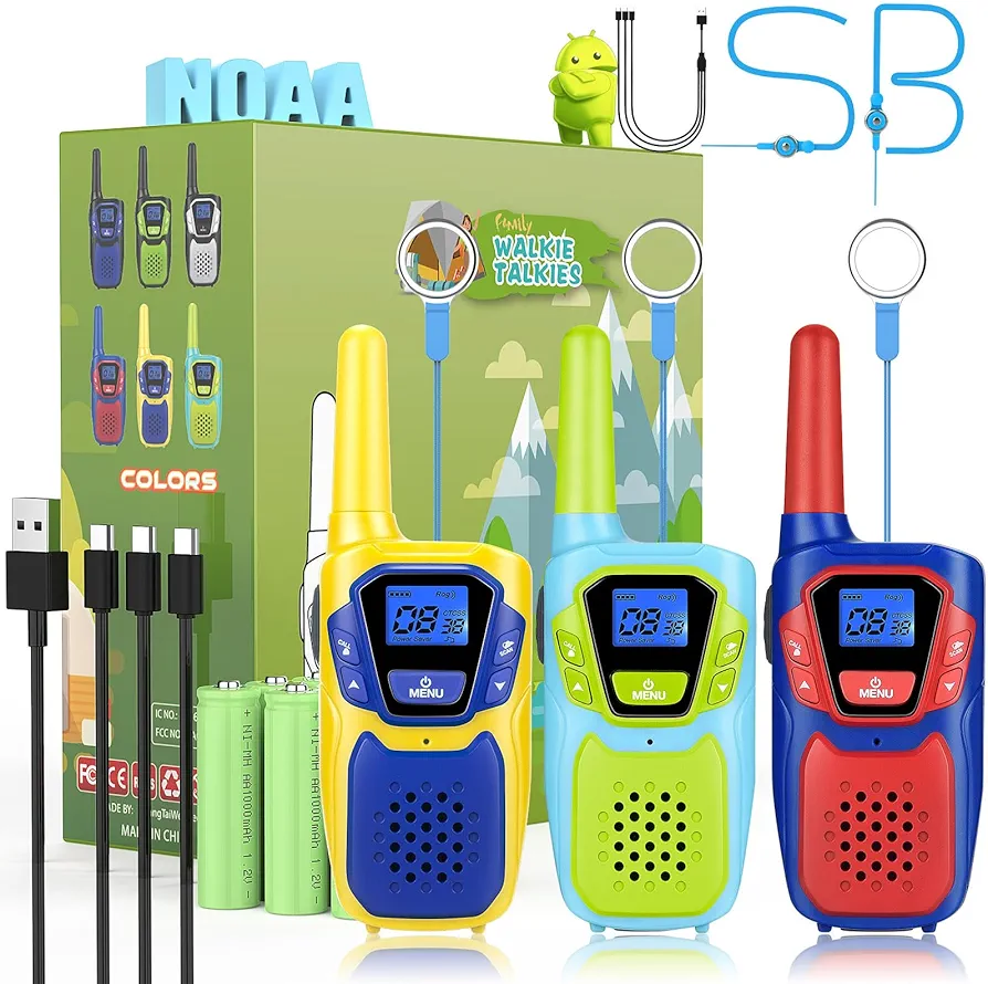 Walkie Talkies for Kids Adults Long Range Rechargeable 3 Pack, FRS 2 Way Radio Toy for 3-12 Year Old Boys Girls Toddlers, Shockproof NOAA Walkie-Talkie 4 Miles for Family Camping Skiing Cruise