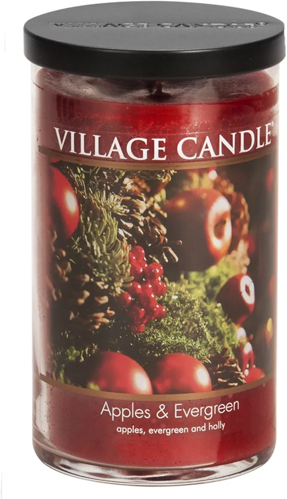 Village Candle Apples & Evergreen Large Tumbler Glass Jar, Scented Candle, 19 oz., Red