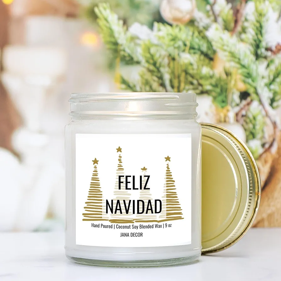 Feliz Navidad Candle Merry Christmas Candle Holiday Candle Idea Winter Candle 9oz Hand Poured Coconut Soy Wax Clear Jar Candle, 9oz Candle, Home Decor Candle