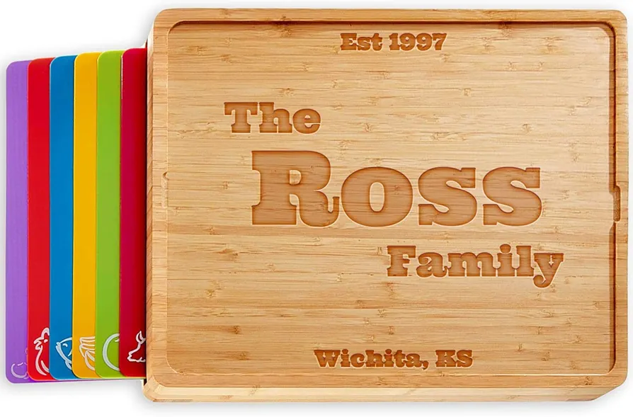 Personalized Easy-to-Clean Bamboo Wood Cutting Board with set of 6 Color-Coded Flexible Cutting Mats with Food Icons - Chopping Board Set