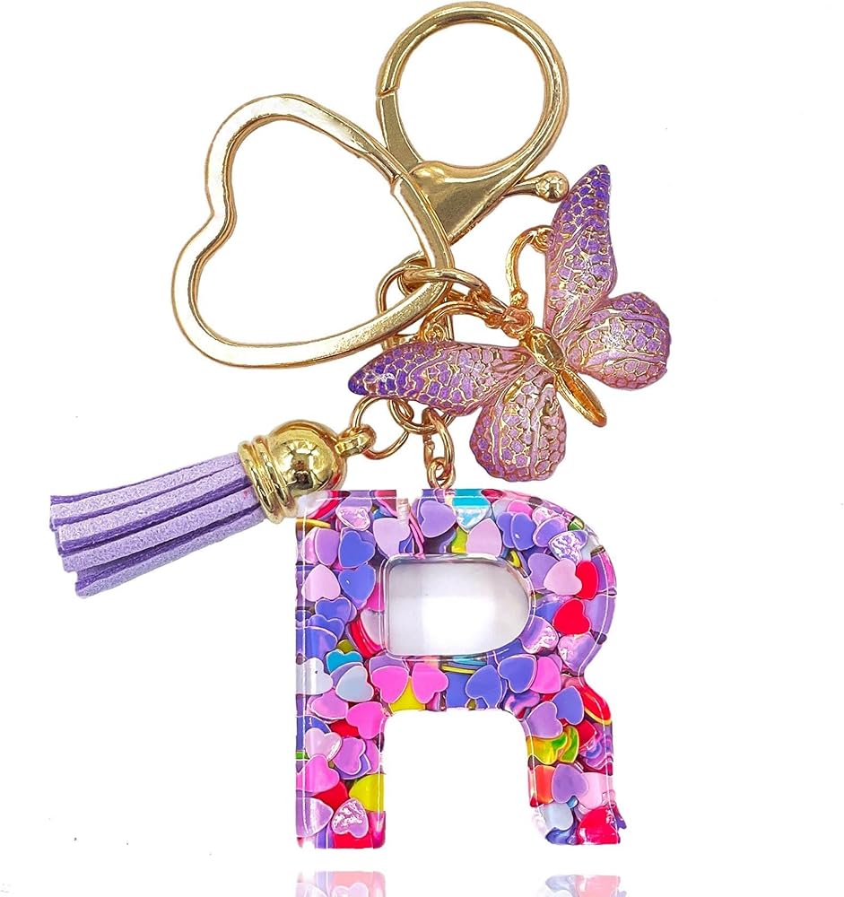 Purple Alphabet Initial Letter Keychain Tassel Butterfly Pendant Heart shape Key Ring for Purse Handbags Women Girl