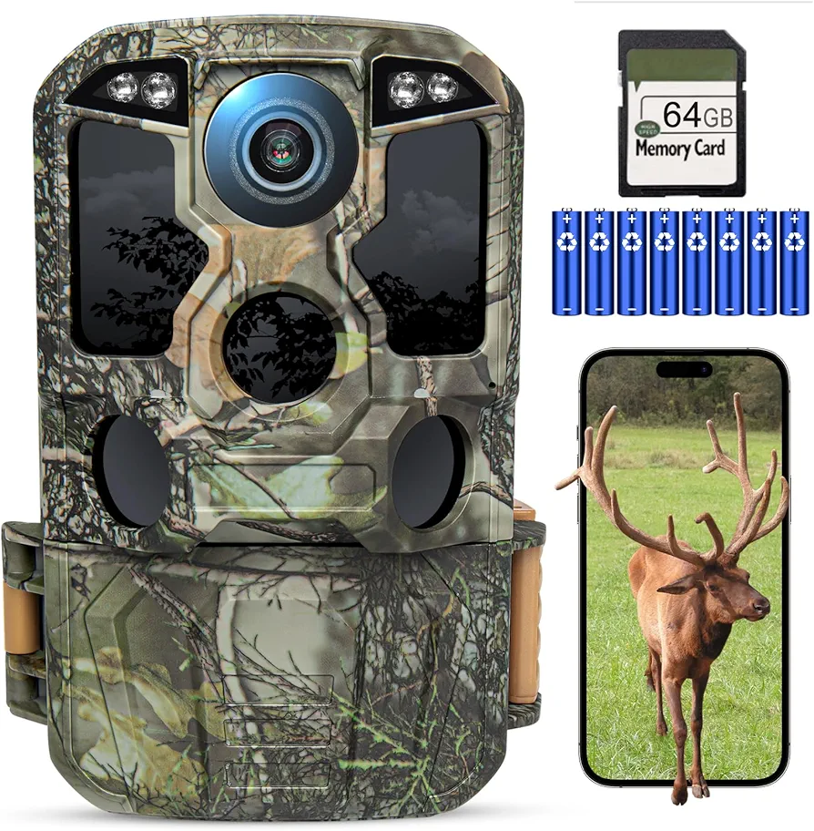 KJK Trail Camera WiFi 8K 84MP with 64GB Memory Card, Game Camera with Night Vision, 0.05s Trigger Motion Activated, IP67 Waterproof 130°Wide-Angle 42pcs No Glow Infrared LEDs for Wildlife Monitoring