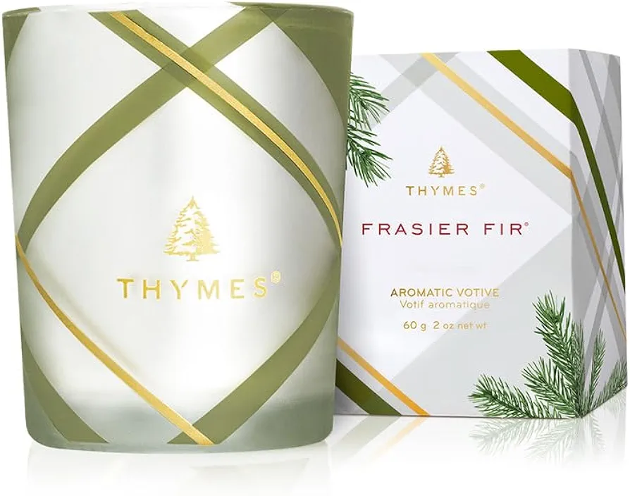 Thymes Frasier Fir Candle – Frosted Plaid Jar Candles – Geen & White Candle Jar Design – Scented Candles – Notes of Crisp Siberian Fir, Cedarwood & Sandalwood – Holiday Candles (Votive Candle, 2 oz)