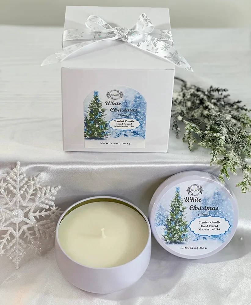 White Christmas Scented Candle - Hand Poured Using Premium Wax Blend. Notes of Pine, Floral, Mint and Powder