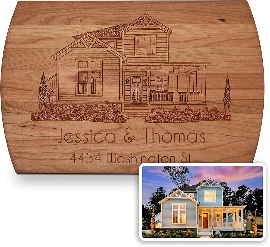 for New Homeowners - Personalized Wood Cutting Board - Laser Engraved Custom Chopping Boards - Meaningful Couples or Housewarming Gift - Elegant House Image - Unique Decor