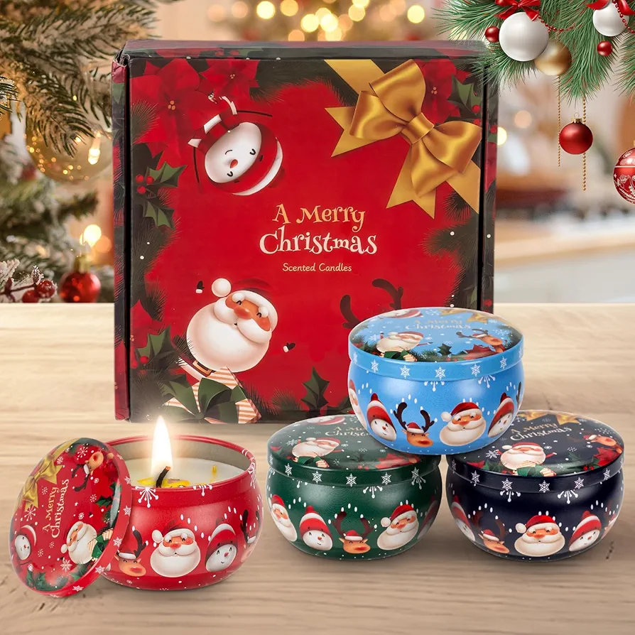 4 Pcs Christmas Scented Candles Gifts for Women - Merry Christmas Candles Bulk, Soy Wax Aromatherapy Candle Set, Small Cookie Jar Candles Tins with Lids for Home Bath Yoga Xmax Holiday Party Favors