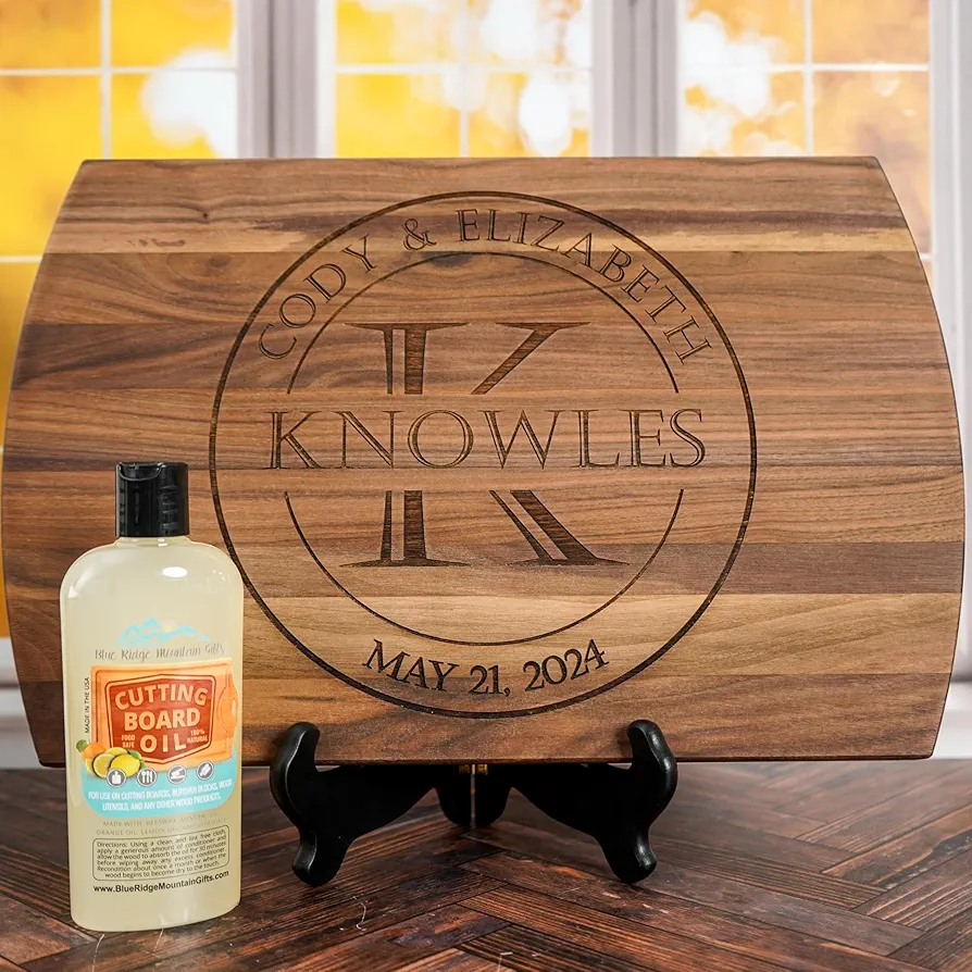 Personalized Wood Cutting Board with Gift Box, Stand, and Oil Included Laser Engraved Anniversary or Wedding Gift Couples Housewarming Present