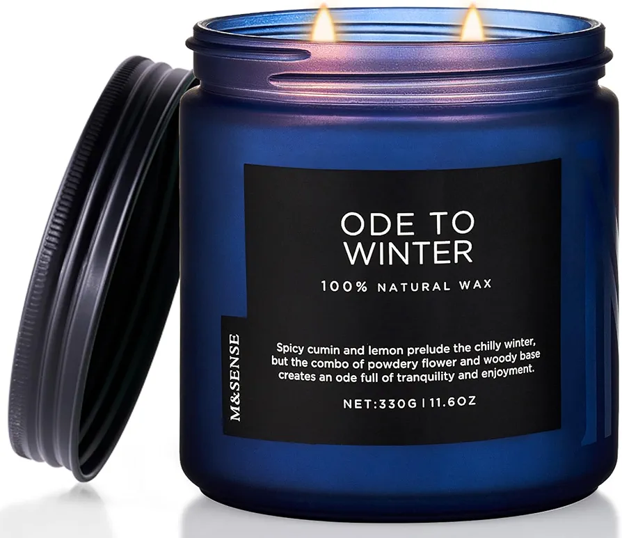 M&SENSE Ode to Winter 11.6oz Natural Soy Wax Non Toxic Candle, Up to 70 Hours Burn Time Lavender Sandalwood Fall Scented Candle, 2 Cotton Wick Winter Candle, Jar Candle Home Scented Gift