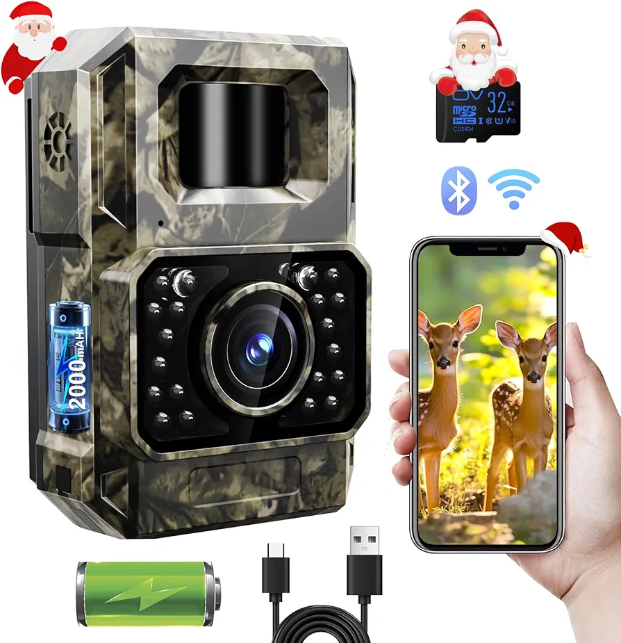 MAXDONE Trail Camera Bluetooth Game Camera, 2000mAh Built-in Battery Rechargeable Power Hunting Cameras with Night Vision Trail Cam Bluetooth 48MP Wildlife Camera Wi-Fi Deer Camera (No Screen)