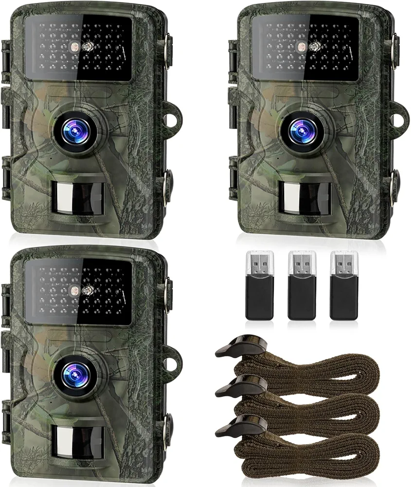 Hoteam 3 Pack Game Trail Camera 24MP 1080P with Card Reader, Hunting Camera with Night Vision Motion Activated Waterproof for Outdoor Wildlife Deer Animal Scouting Monitoring