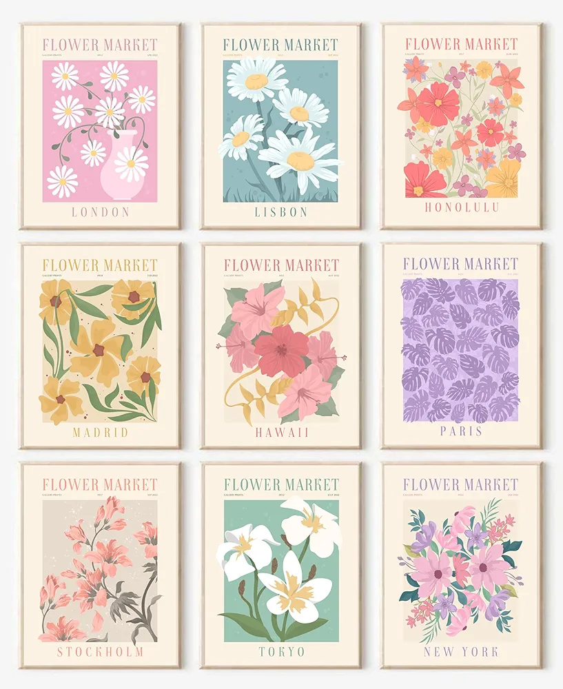 Flower Market Posters Set of 9, Minimalist Flower Market Wall Art Prints, Vintage Flower Pictures Wall Decor, Abstract Canvas Colorful Floral Painting for Living Room,Bedroom,Dorm,