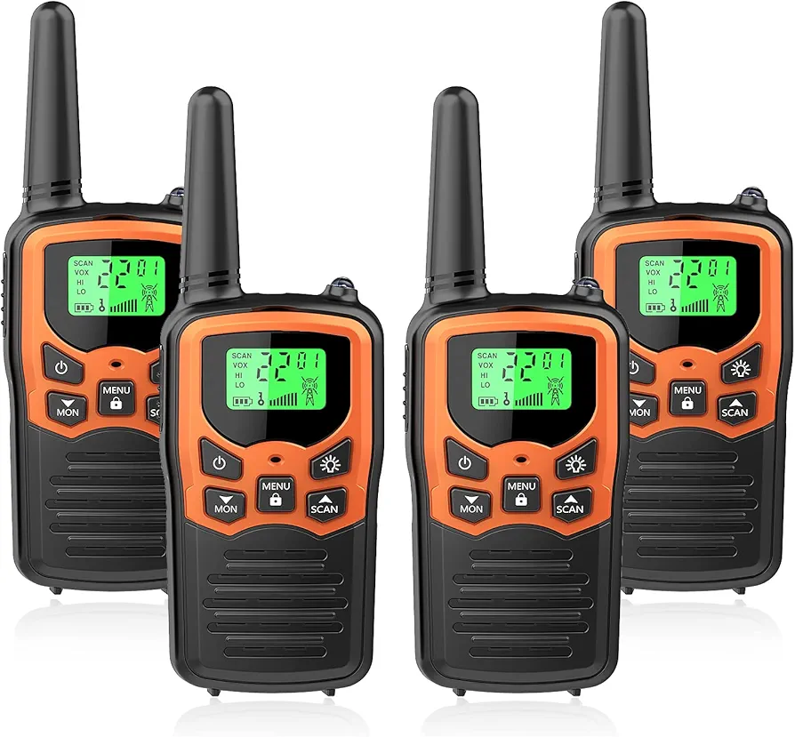 Walkie Talkies with 22 FRS Channels MOICO Walkie Talkies for Adults with LED Flashlight VOX Scan LCD Display, Long Range Family Radios for Hiking Camping Trip (Orange, 4 Pack)