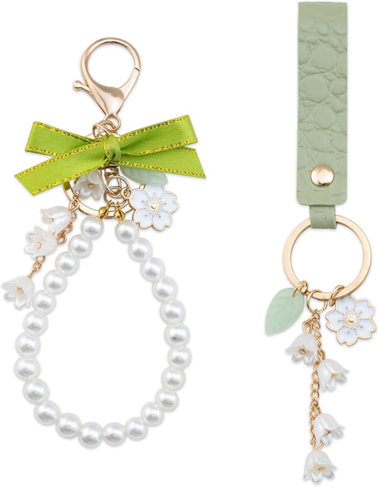 Flower Keychain Wristlet Cute Keychains For Car Keys 2 Pcs Pearl Key Chains For Women Green