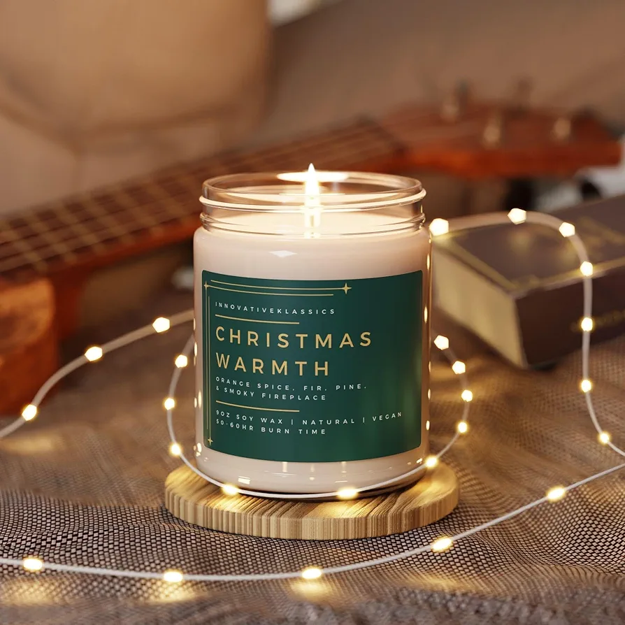 Christmas Scented Candle Candle Soy Wax Vegan Holiday Candle Aesthetic Minimalist Green Gold Christmas Decor Cozy Winter Candles Pine Fir Candle Funny Present, 9oz Candle