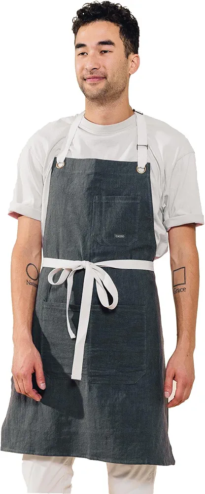 Caldo Linen Kitchen Apron for Cooking- Mens and Womens Linen Bib Apron for Professional Chef, Server, or Barista - Adjustable with Pockets (Slate)