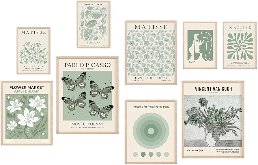 KONGSY Sage Green Wall Art Prints Set of 9, Abstract Matisse Exhibition Posters, Boho Art Prints, Sage Green Wall Decor, Aesthetic Pictures Room Decor for Teen Girls Dorm, Bedroom