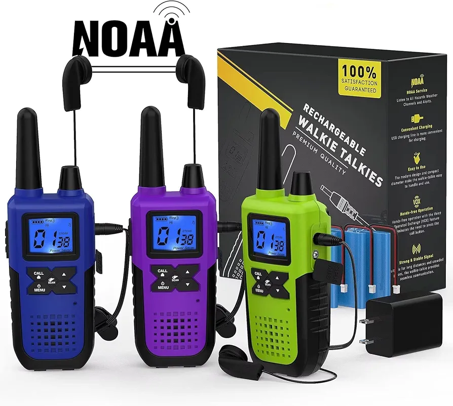 Walkie Talkies Rechargeable for Adults Long Range with Earpiece NOAA Weather Alert, Multi-purpose 2 Way Radio 3 Pack for Team Work Senior Care Kid Adventure Family Camping Hiking Skiing Cruise