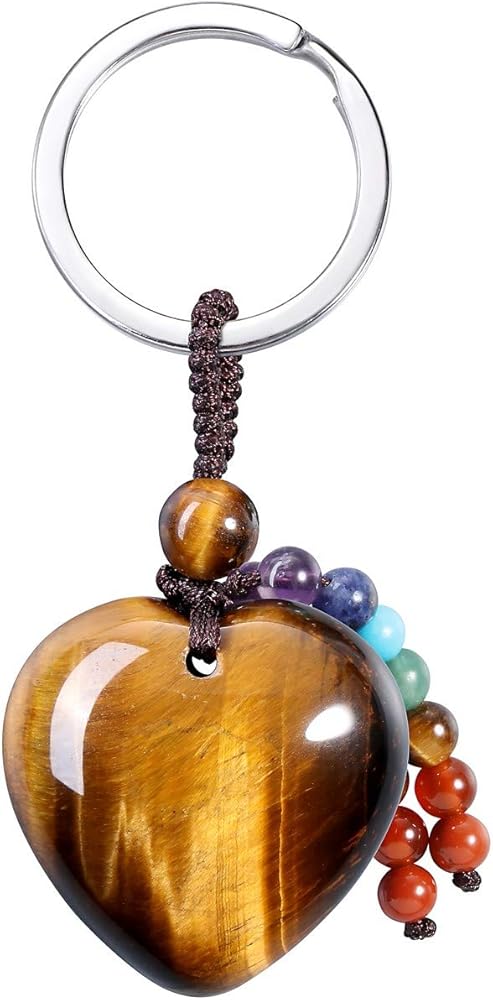 MANIFO Natural Tiger Eye Heart Crystal Keychain 7 Chakra Healing Gemstone Key Ring Charm for Women