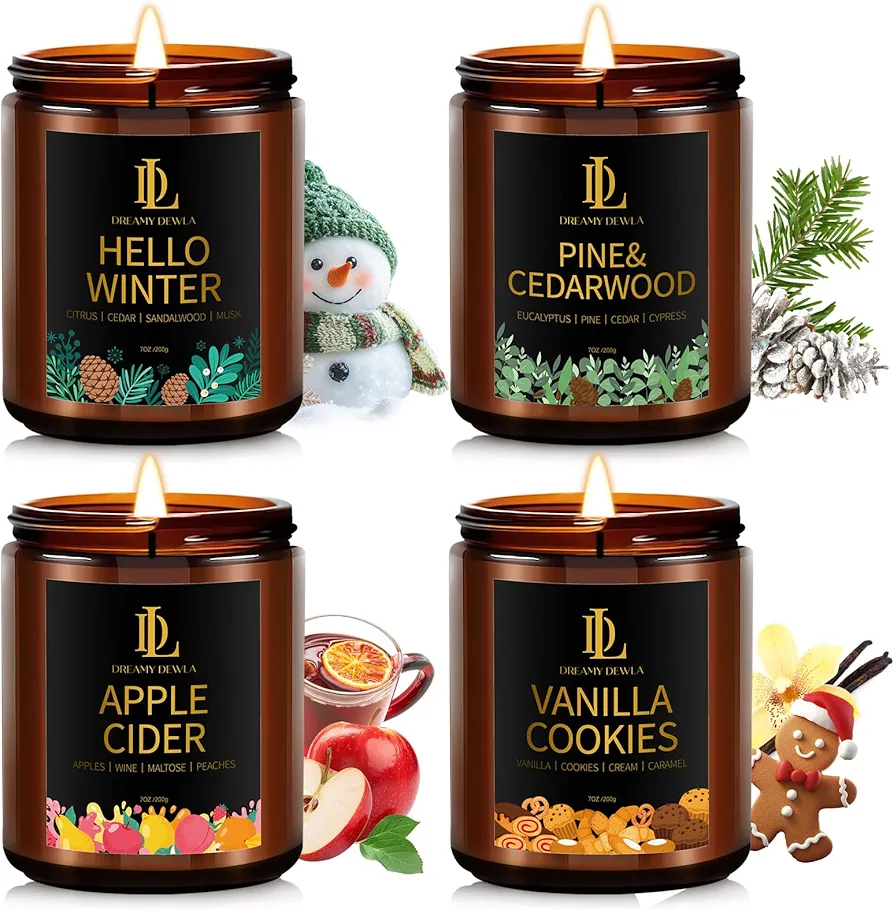 Winter Candle Set, Winter Candles for Home Scented, 4 Pack Soy Candles for Winter, Holiday Candle Gifts for Women Men, Winter Scents of Pine & Cedarwood/Apple Cider/Hello Winter/Vanilla Cookies