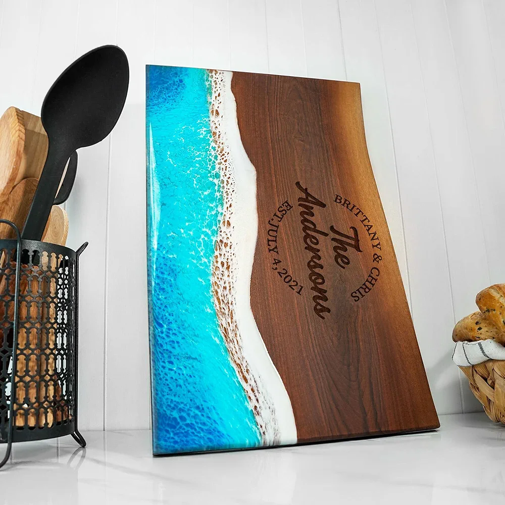 Personalized Resin Ocean Cutting Board, Christmas Gift for Couple, Wedding Gift, New Home Couple Gift, Housewarming Gift, Epoxy Walnut Board