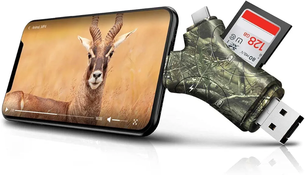 Trail Camera Viewer,4 in 1 Trail Camera SD Card Reader for iPhone / iPad / Android / Pcs to View Hunting Camera Photos Videos, Wired, No App Required,Camouflage