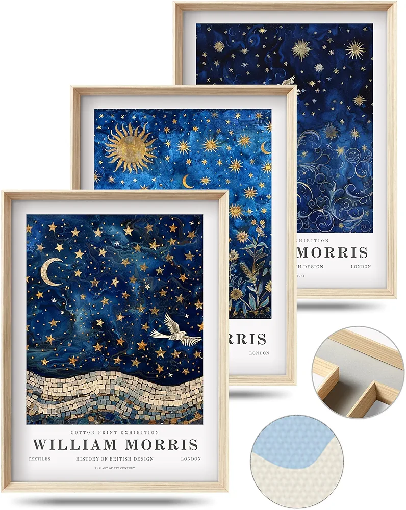 HesenDot Framed William Morris Moon and Stars Canvas Wall Art,Vintage Wall Art Prints Painting,16x12IN High Framed Design Prints,Textile Art Decor for Living Room,Bedroom,Gallery,Office Set of 3