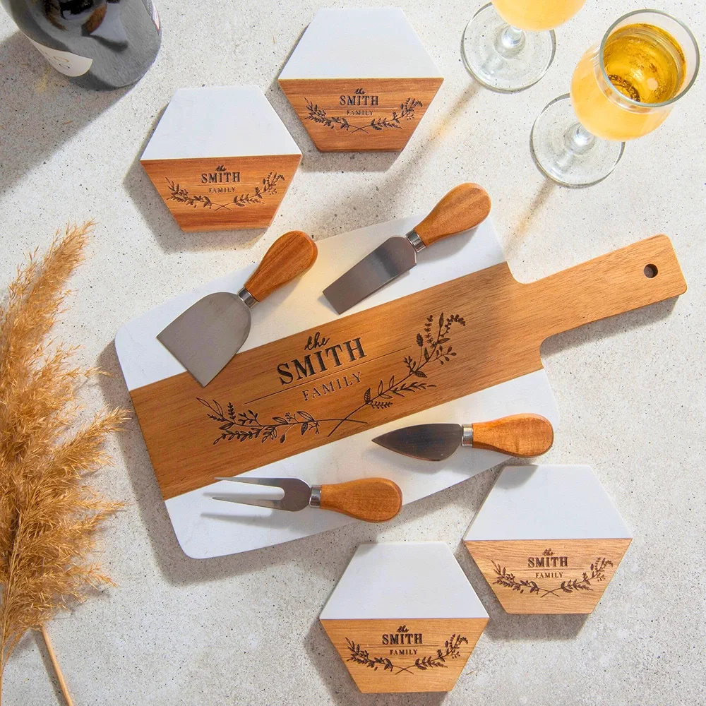 Personalized Cutting Board & 4 Coasters Set – Acacia Wood & Marble – Multi-Purpose Food Safe Cutting & Charcuterie Board – Custom Design – Perfect Gift for Weddings, Anniversaries & More